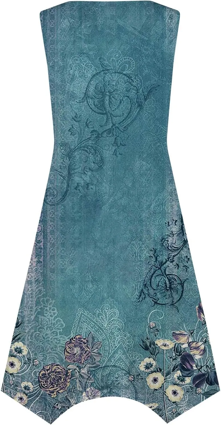 Casual Summer Dresses for Women 2024 Vacation Sleeveless Sundress Midi Loose Hankerchief Hem Beach Dress Tank Dress