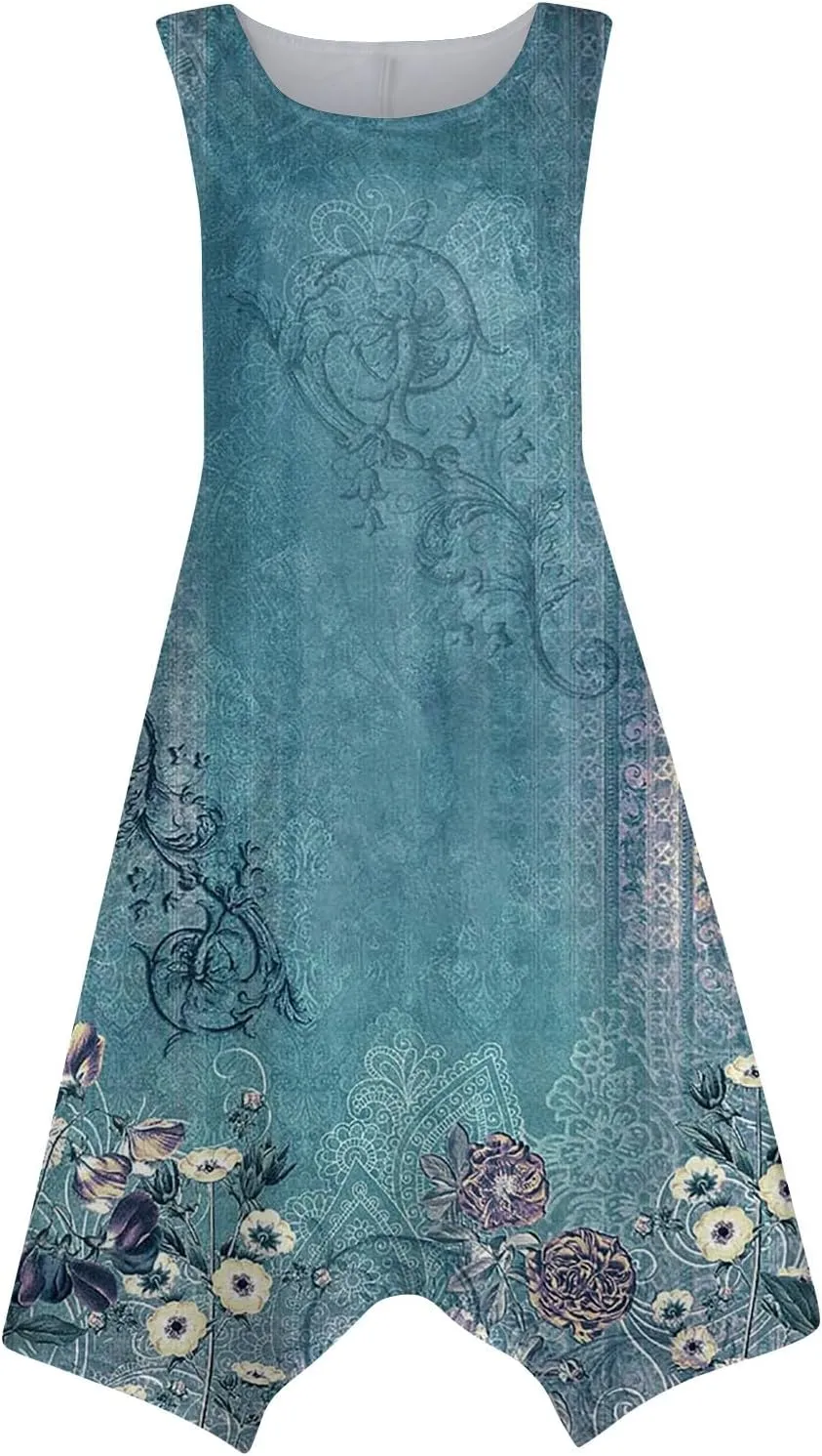 Casual Summer Dresses for Women 2024 Vacation Sleeveless Sundress Midi Loose Hankerchief Hem Beach Dress Tank Dress