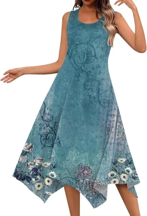 Casual Summer Dresses for Women 2024 Vacation Sleeveless Sundress Midi Loose Hankerchief Hem Beach Dress Tank Dress