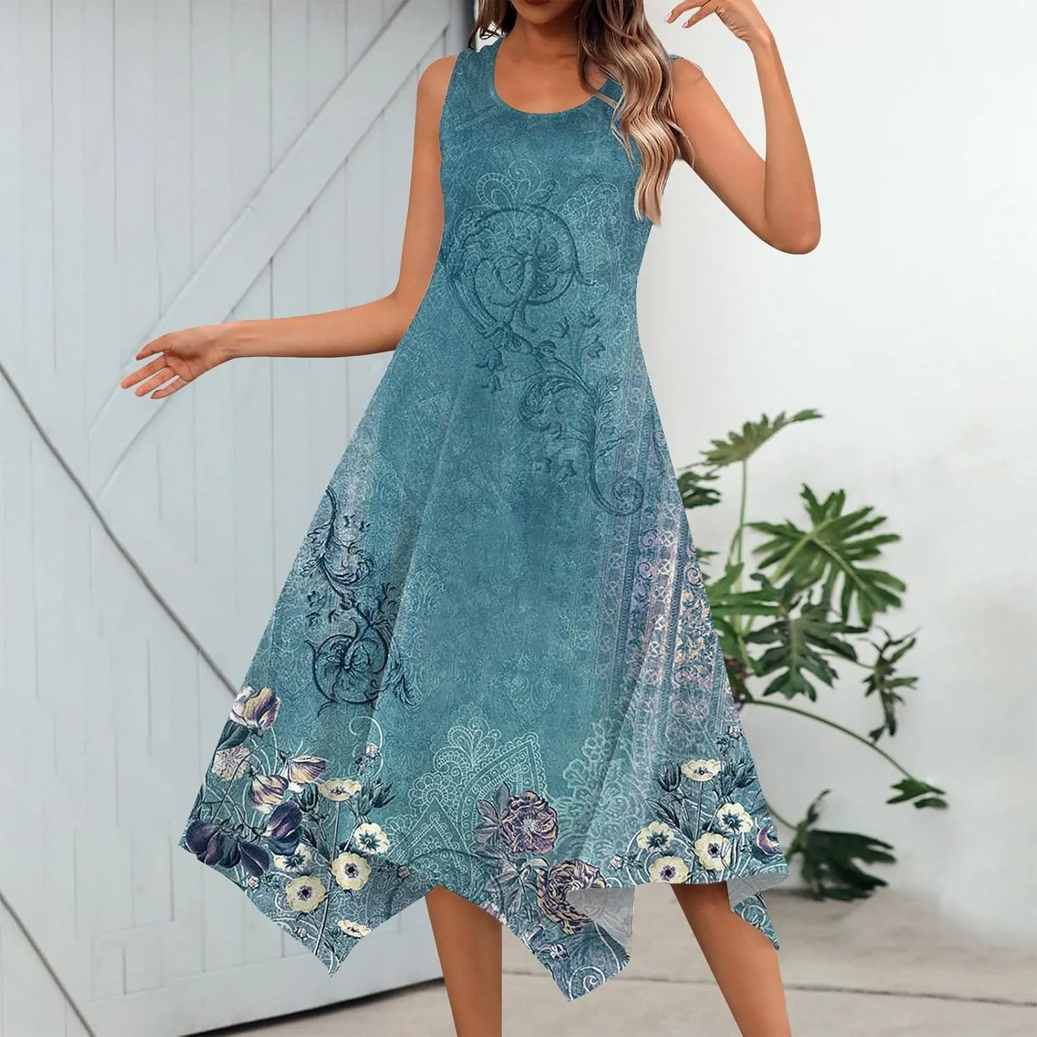 Casual Summer Dresses for Women 2024 Vacation Sleeveless Sundress Midi Loose Hankerchief Hem Beach Dress Tank Dress