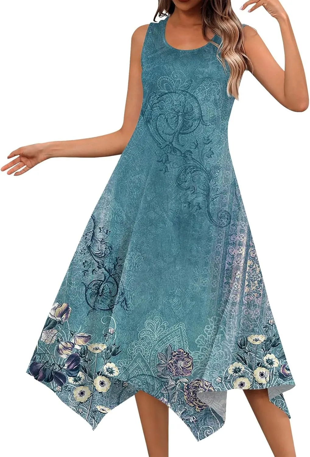 Casual Summer Dresses for Women 2024 Vacation Sleeveless Sundress Midi Loose Hankerchief Hem Beach Dress Tank Dress