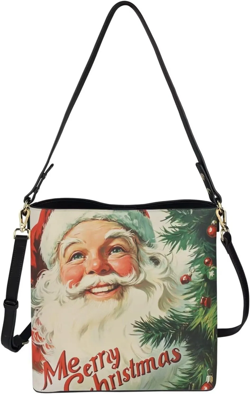 Christmas Bucket Handbag for Womens Leather Shoulder Purse with Zipper Pocket and Adjustable Strap