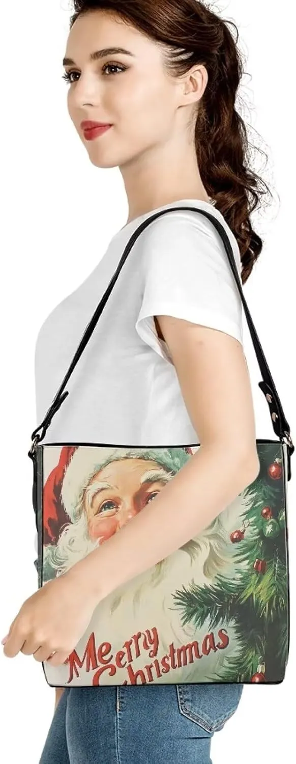 Christmas Bucket Handbag for Womens Leather Shoulder Purse with Zipper Pocket and Adjustable Strap