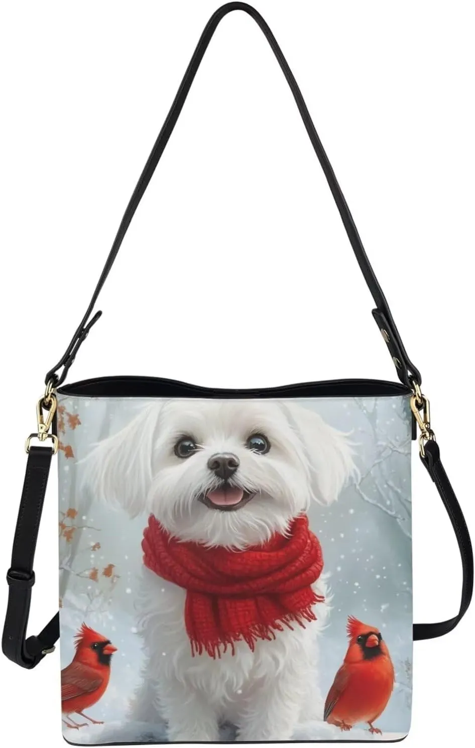 Christmas Bucket Handbag for Womens Leather Shoulder Purse with Zipper Pocket and Adjustable Strap