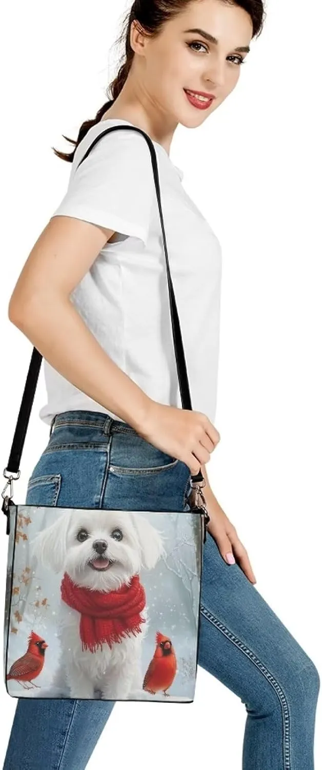 Christmas Bucket Handbag for Womens Leather Shoulder Purse with Zipper Pocket and Adjustable Strap