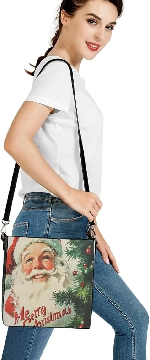 Christmas Bucket Handbag for Womens Leather Shoulder Purse with Zipper Pocket and Adjustable Strap
