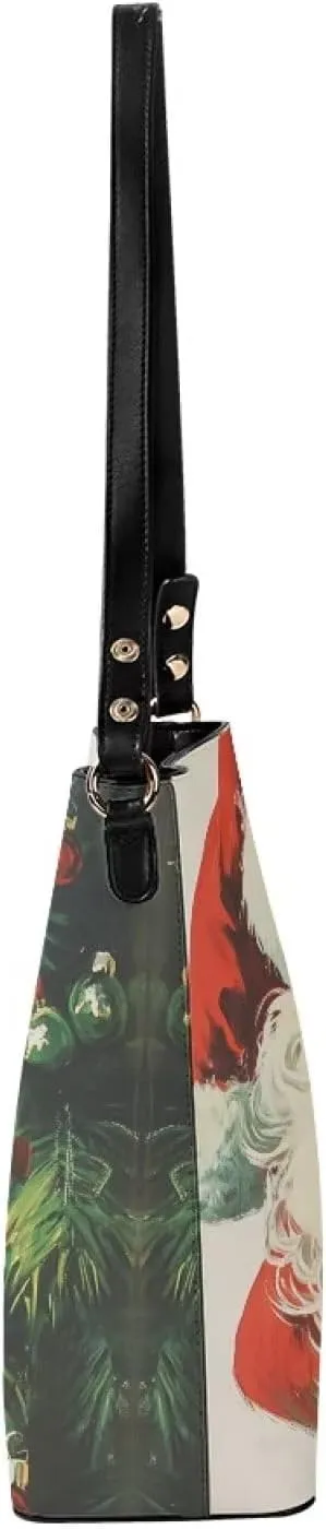 Christmas Bucket Handbag for Womens Leather Shoulder Purse with Zipper Pocket and Adjustable Strap