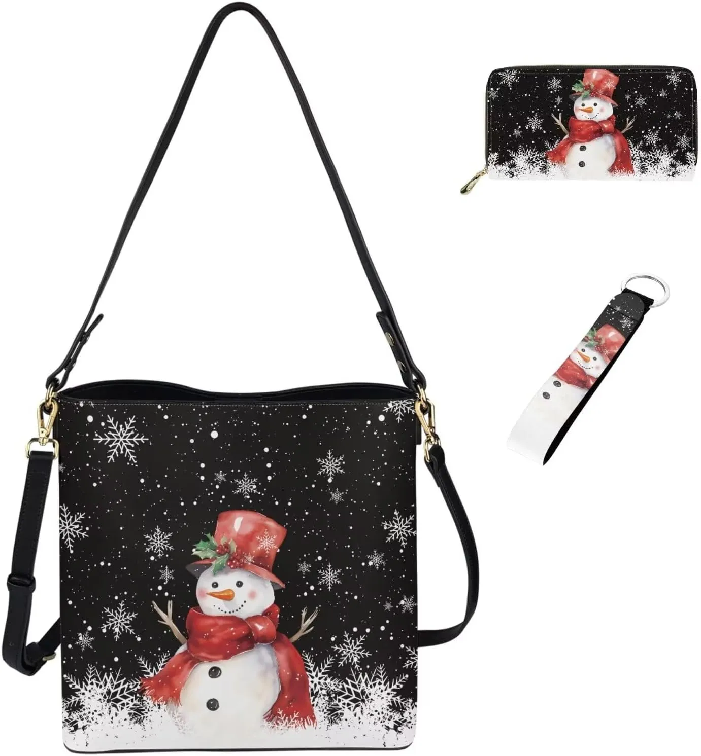 Christmas Crossbody Satchel Bags for Women Large Capacity Shoulder Tote Bag with Wallet and Keychain Set