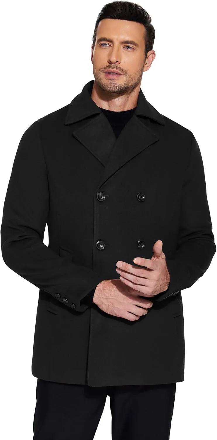COOFANDY Men's Double Breasted Pea Coat Winter Overcoat Short Trench Coat Notched Collar