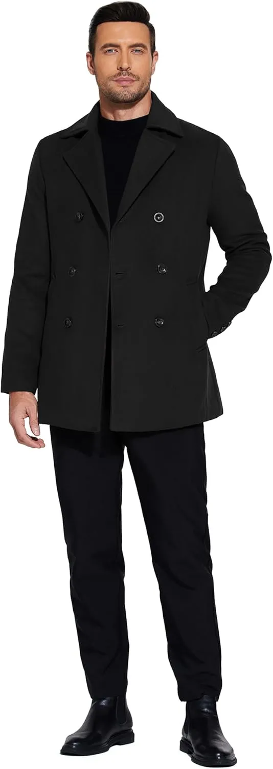 COOFANDY Men's Double Breasted Pea Coat Winter Overcoat Short Trench Coat Notched Collar