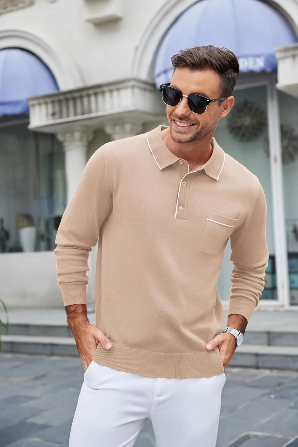 COOFANDY Mens Knit Polo Long Sleeve Collared Sweater Polo Business Casual Polos with Pocket