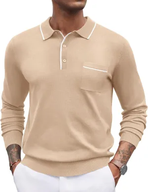 COOFANDY Mens Knit Polo Long Sleeve Collared Sweater Polo Business Casual Polos with Pocket