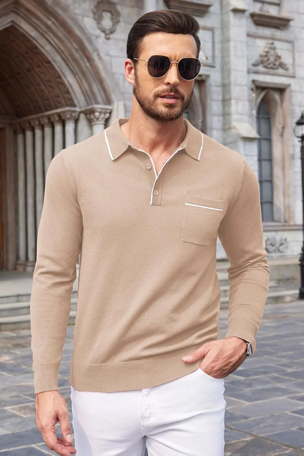 COOFANDY Mens Knit Polo Long Sleeve Collared Sweater Polo Business Casual Polos with Pocket