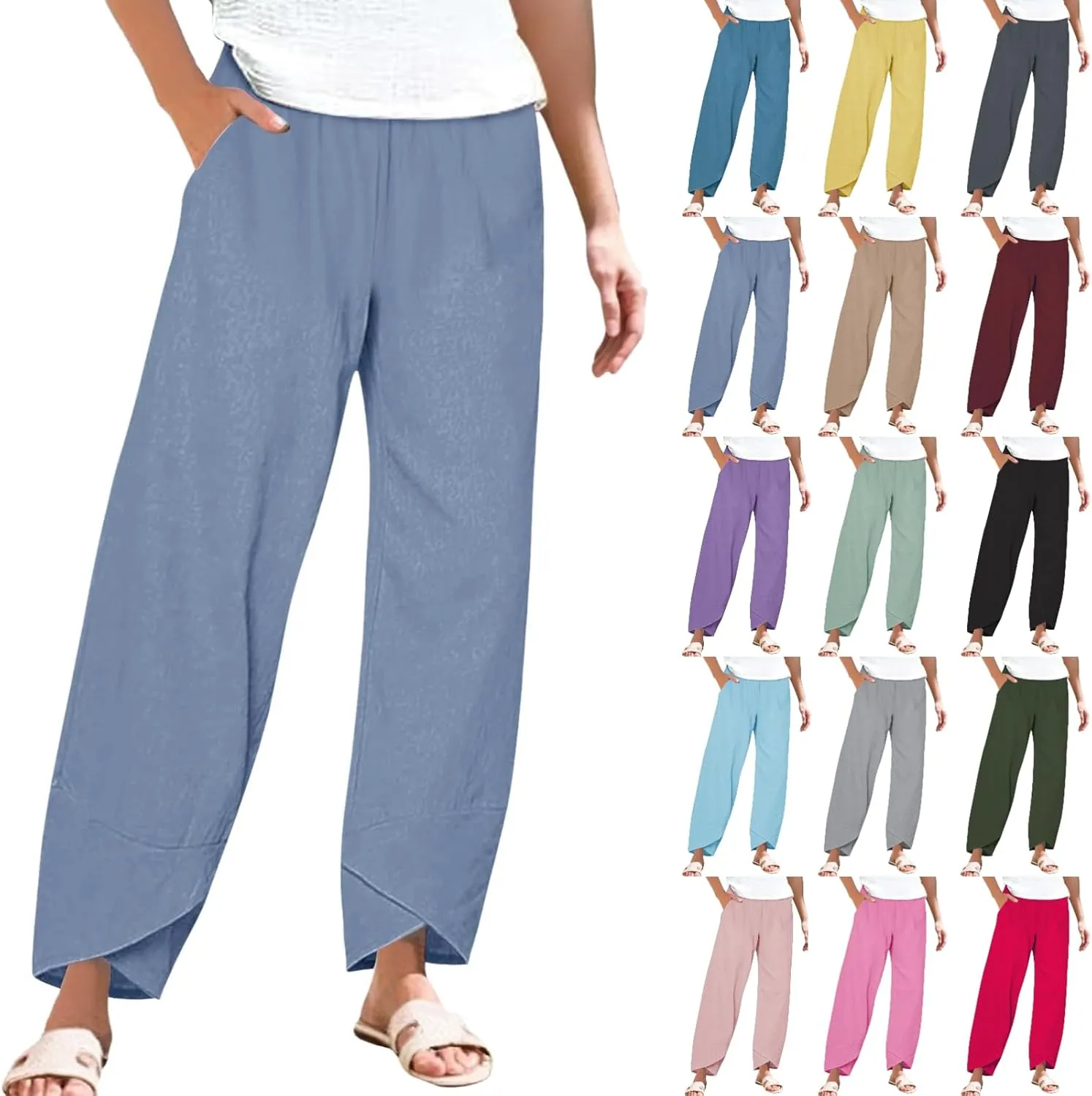 Cotton Linen Pants for Women Plus Size Cropped Wide Leg Summer Casual Loose Fit Trousers Beach Lounge Work
