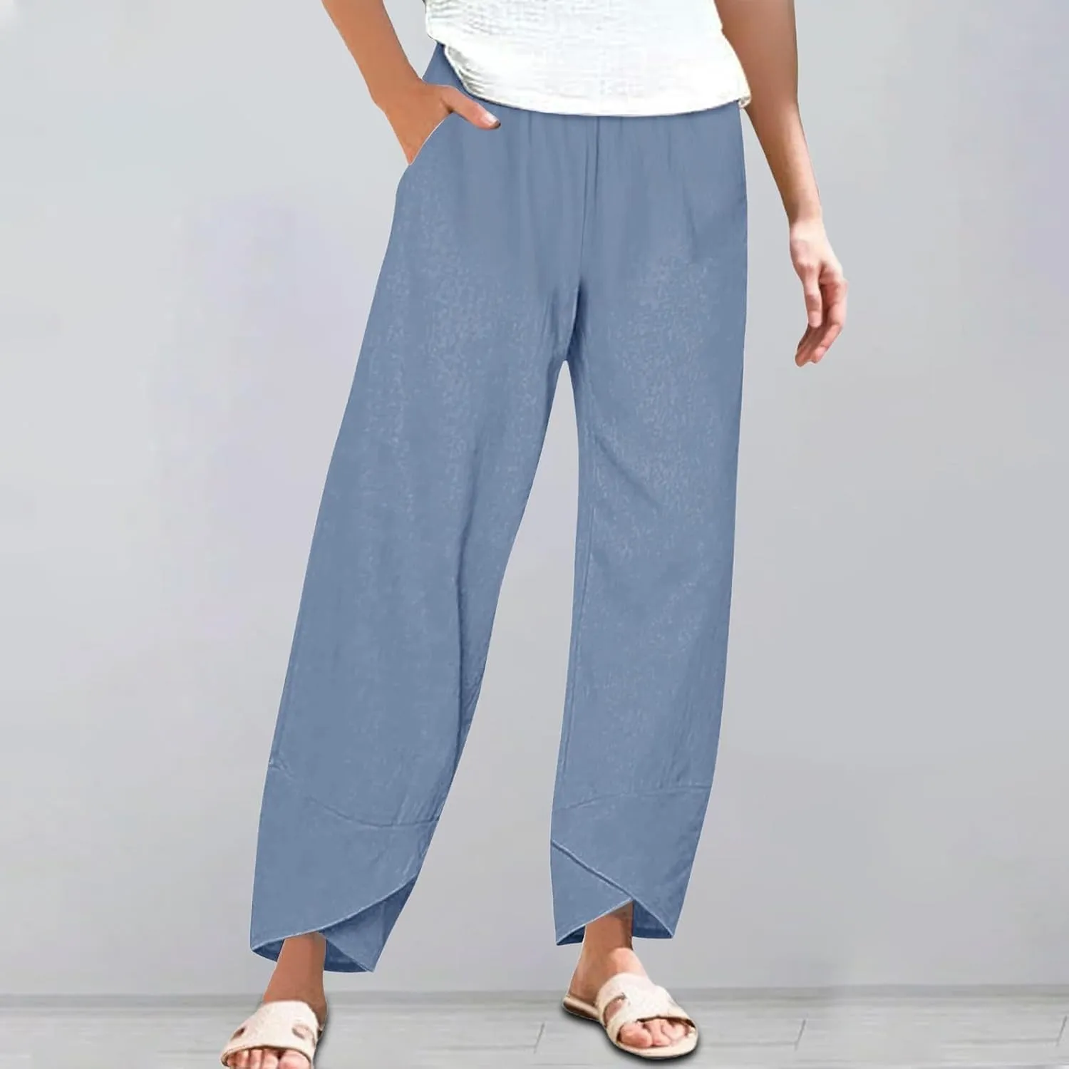 Cotton Linen Pants for Women Plus Size Cropped Wide Leg Summer Casual Loose Fit Trousers Beach Lounge Work