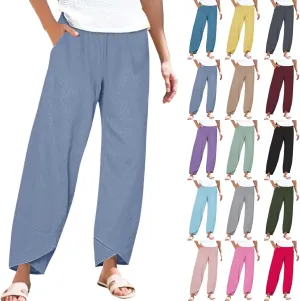 Cotton Linen Pants for Women Plus Size Cropped Wide Leg Summer Casual Loose Fit Trousers Beach Lounge Work