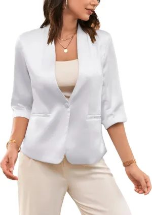 Cromoncent Women's Silk Satin Blazers 3/4 Sleeve Lightweight Work Office Jacket
