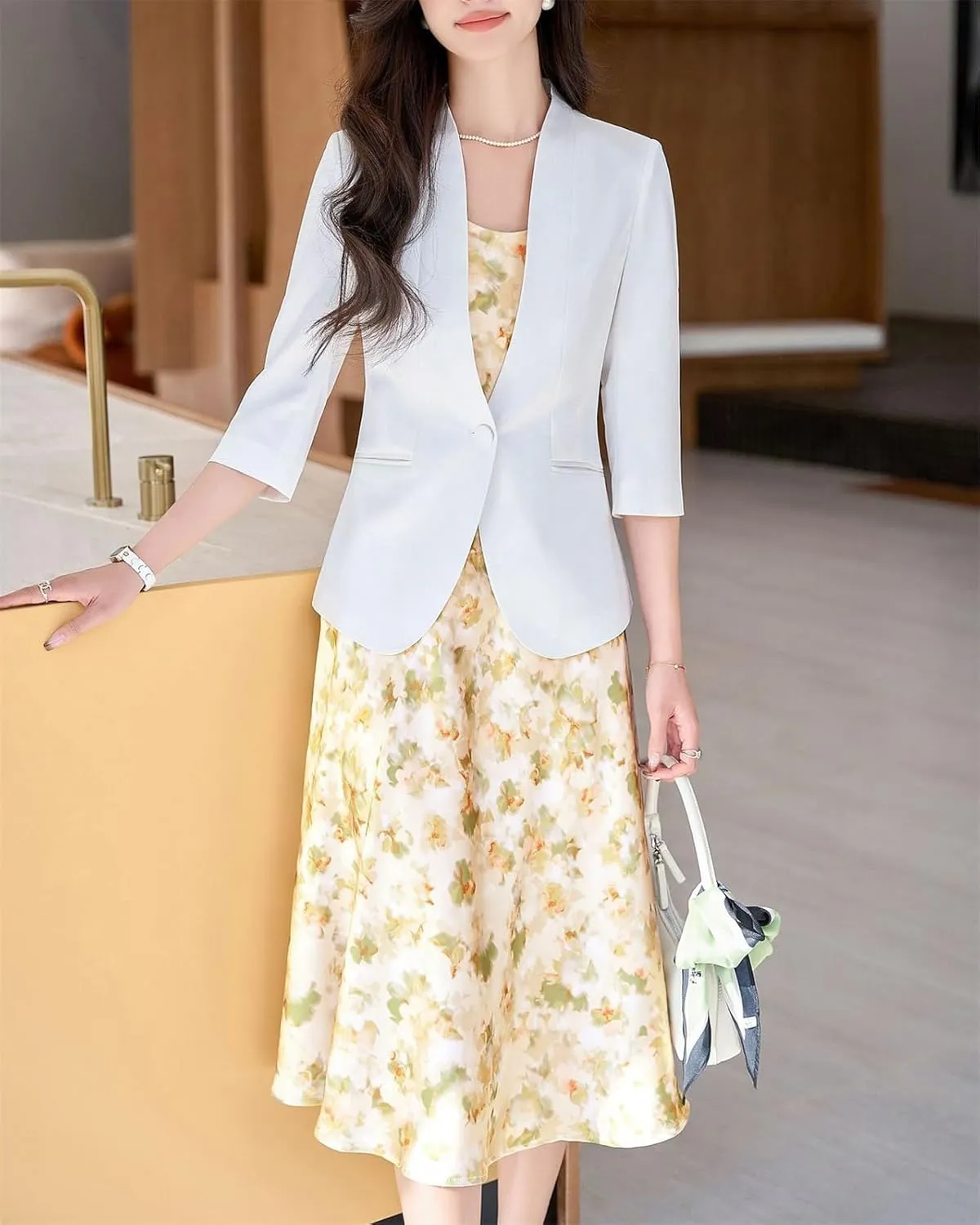 Cromoncent Women's Silk Satin Blazers 3/4 Sleeve Lightweight Work Office Jacket