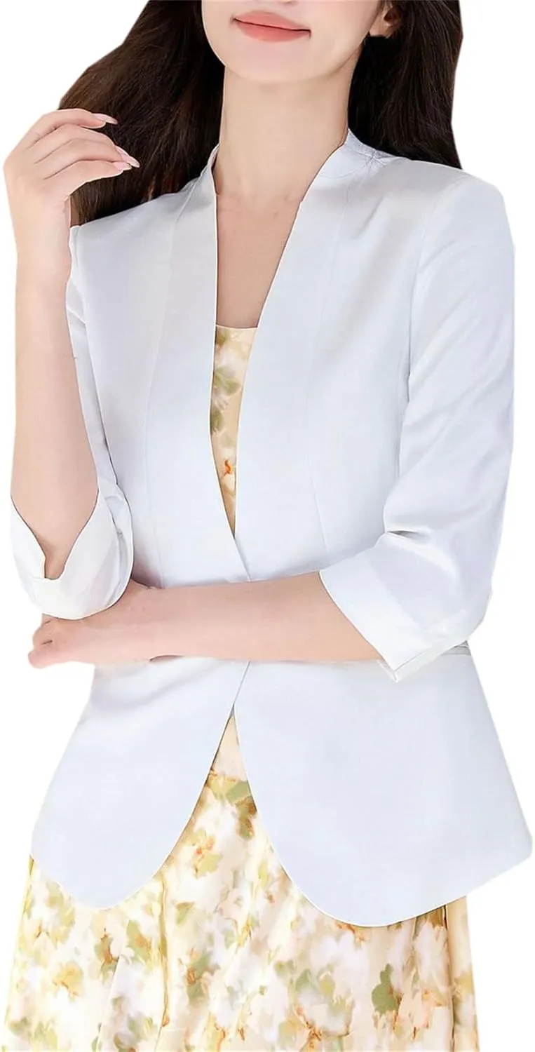 Cromoncent Women's Silk Satin Blazers 3/4 Sleeve Lightweight Work Office Jacket