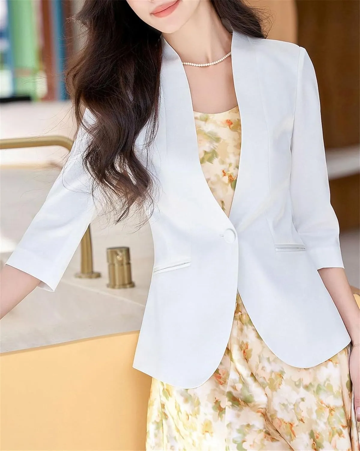 Cromoncent Women's Silk Satin Blazers 3/4 Sleeve Lightweight Work Office Jacket