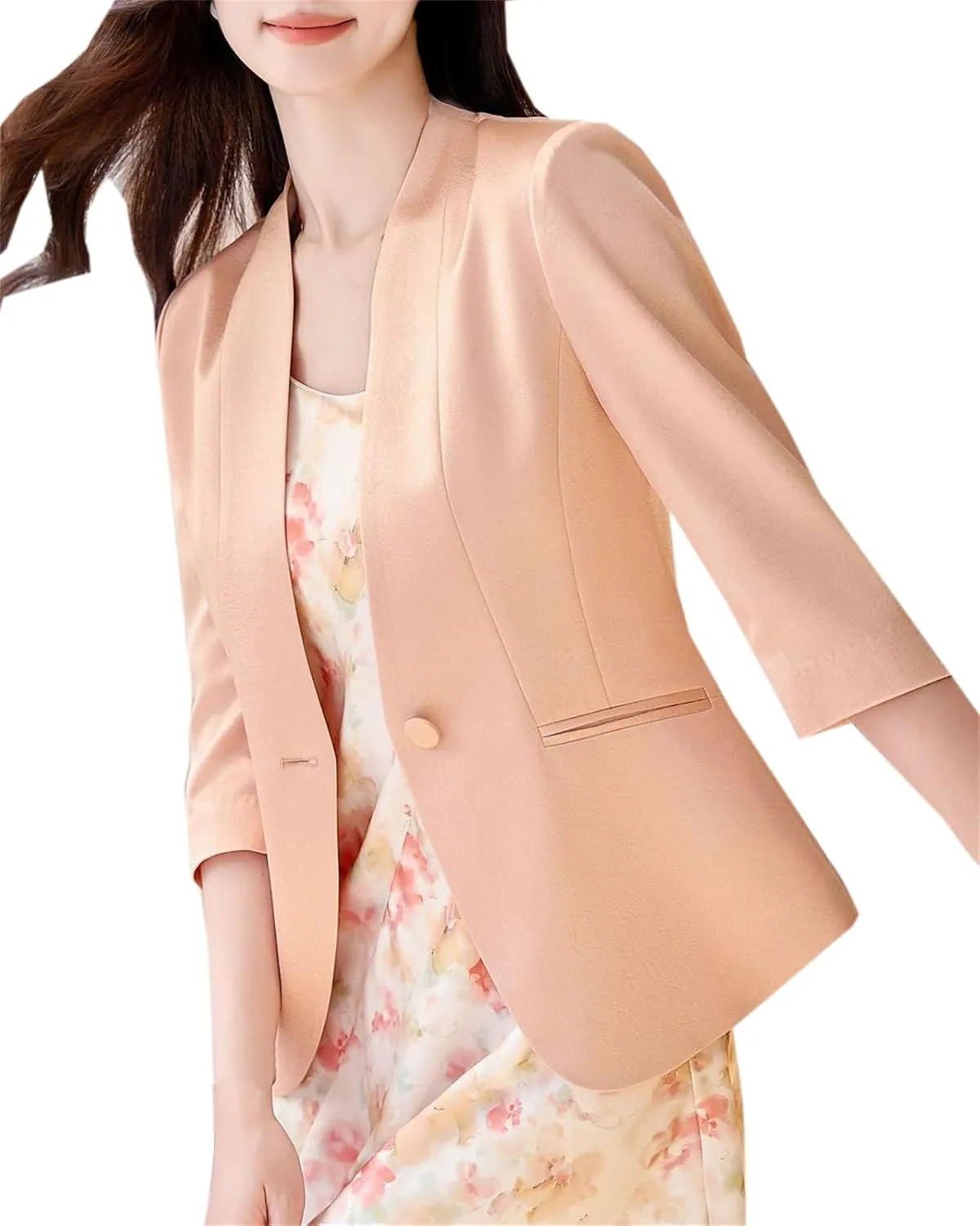 Cromoncent Women's Silk Satin Blazers 3/4 Sleeve Lightweight Work Office Jacket