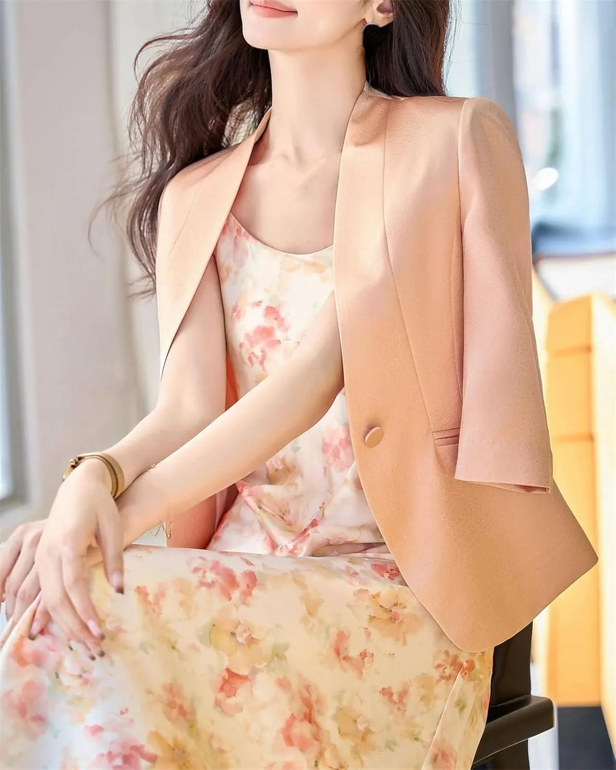 Cromoncent Women's Silk Satin Blazers 3/4 Sleeve Lightweight Work Office Jacket
