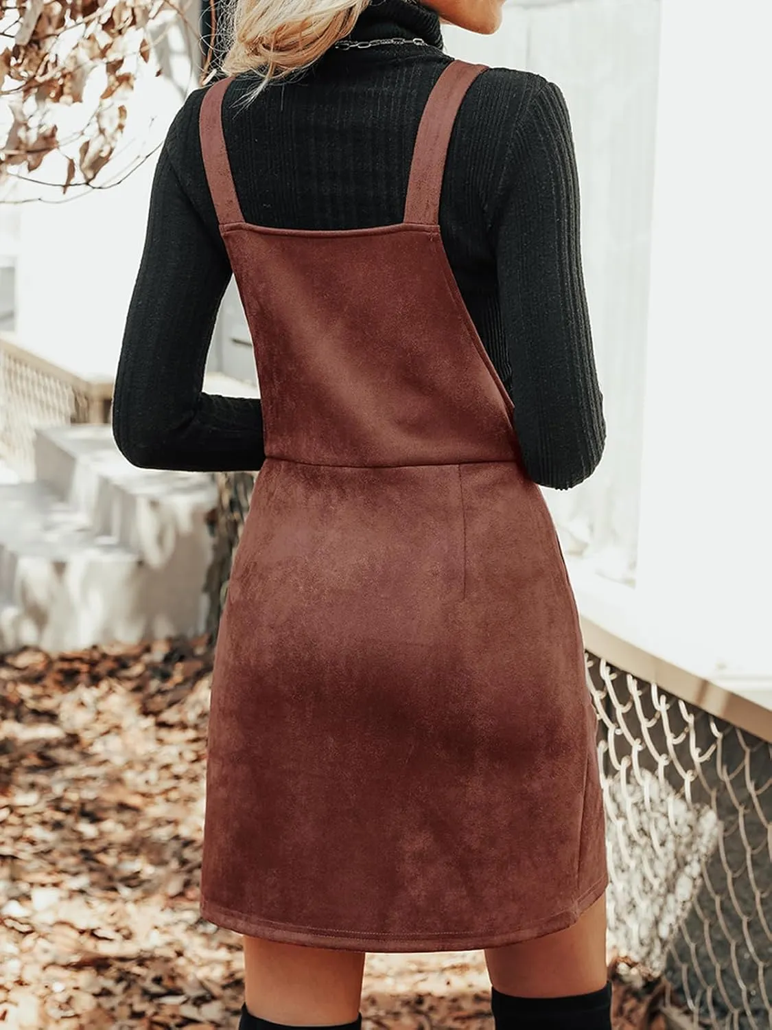 CUPSHE Faux Suede Mini Fall Dresses for Women Square Neck Pull Ring Zipper Front Pockets Wide Straps Casual Autumn Dress