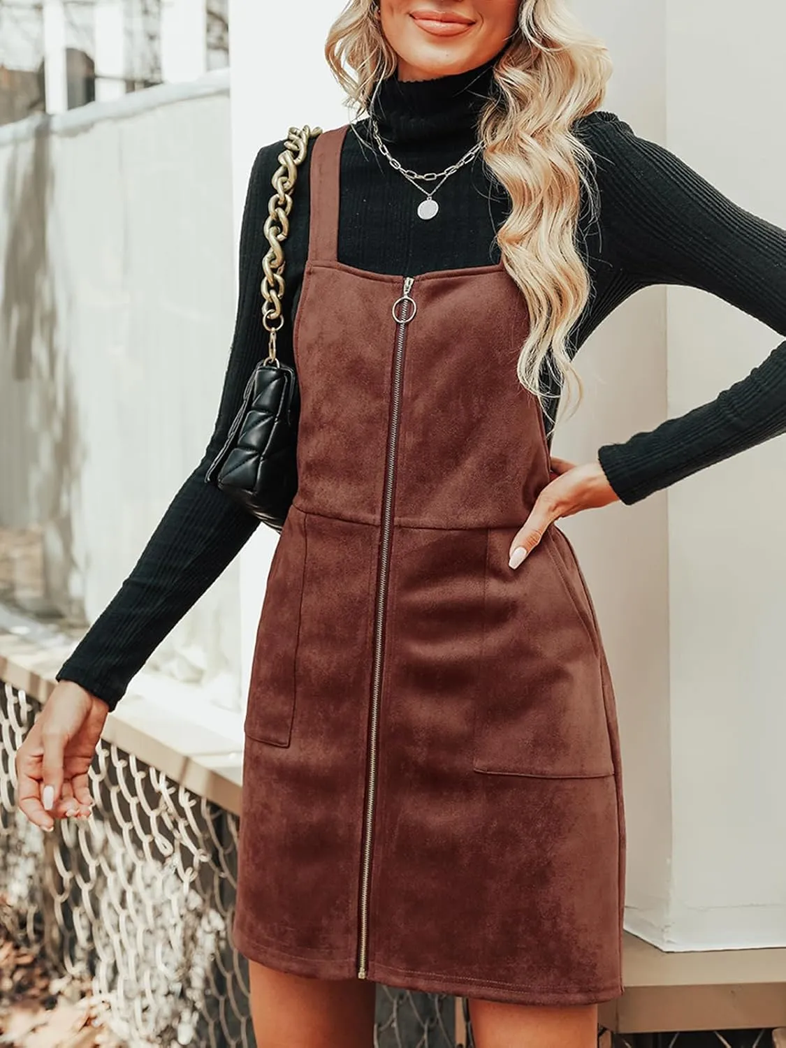 CUPSHE Faux Suede Mini Fall Dresses for Women Square Neck Pull Ring Zipper Front Pockets Wide Straps Casual Autumn Dress