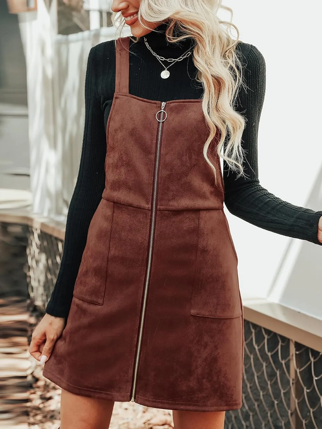 CUPSHE Faux Suede Mini Fall Dresses for Women Square Neck Pull Ring Zipper Front Pockets Wide Straps Casual Autumn Dress
