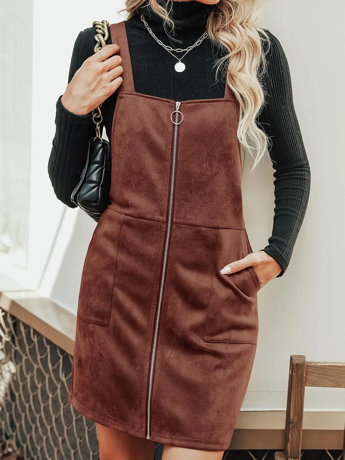 CUPSHE Faux Suede Mini Fall Dresses for Women Square Neck Pull Ring Zipper Front Pockets Wide Straps Casual Autumn Dress