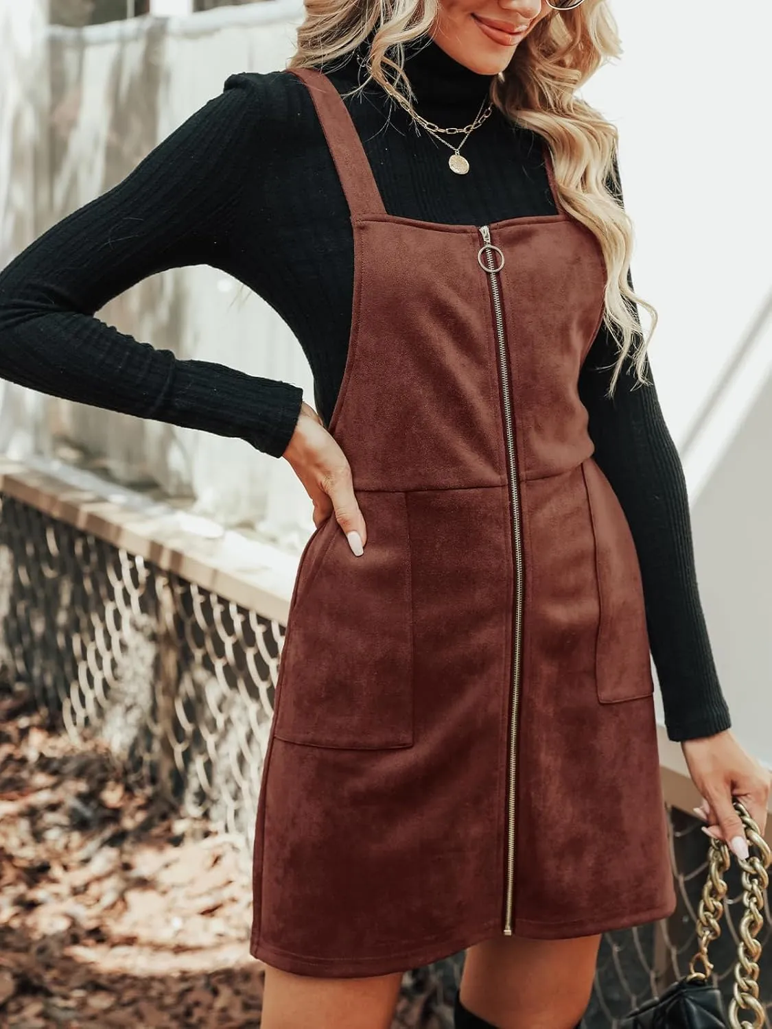 CUPSHE Faux Suede Mini Fall Dresses for Women Square Neck Pull Ring Zipper Front Pockets Wide Straps Casual Autumn Dress