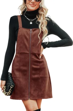 CUPSHE Faux Suede Mini Fall Dresses for Women Square Neck Pull Ring Zipper Front Pockets Wide Straps Casual Autumn Dress