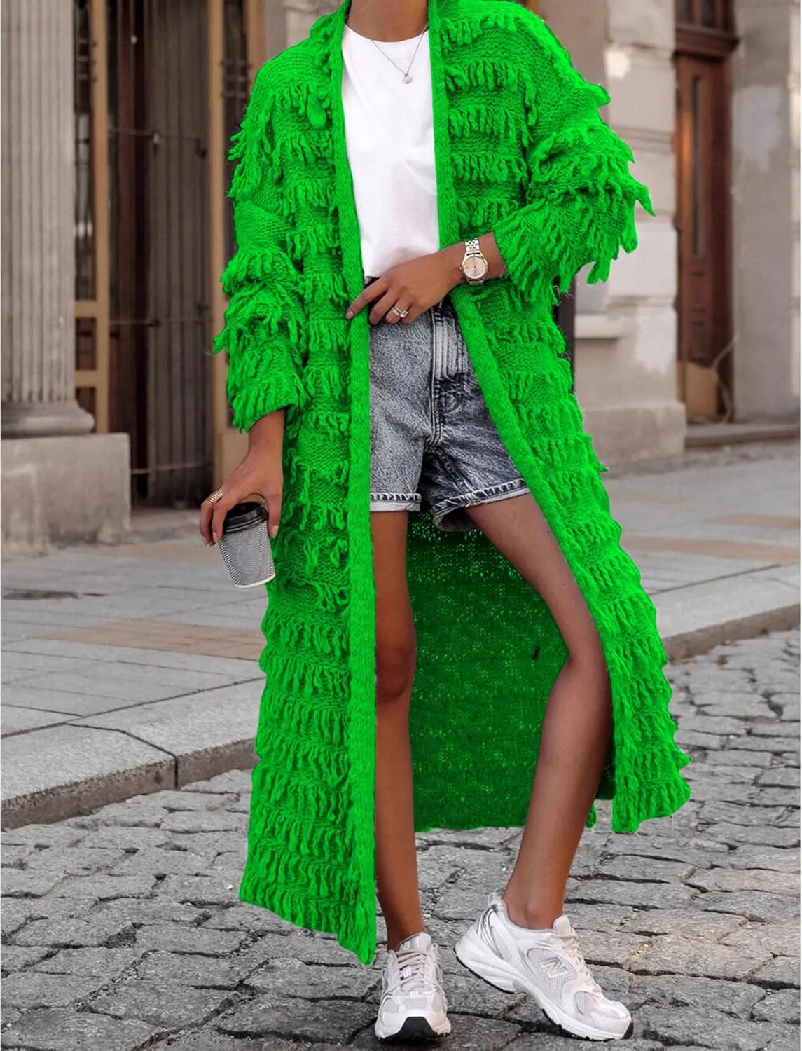 CXINS Womens Crochet Cable Knit Fringe Tassel Maxi Cardigans Open Front Long Sweater Cardigan Outwear