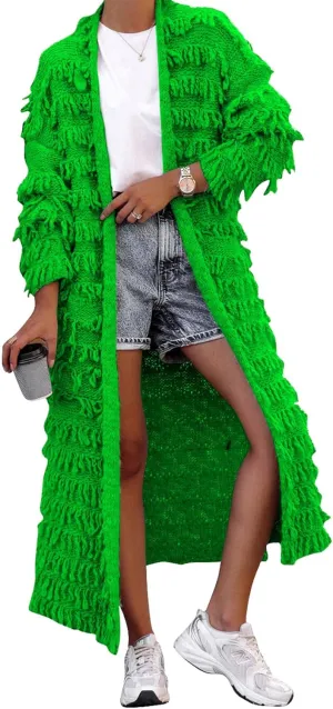 CXINS Womens Crochet Cable Knit Fringe Tassel Maxi Cardigans Open Front Long Sweater Cardigan Outwear