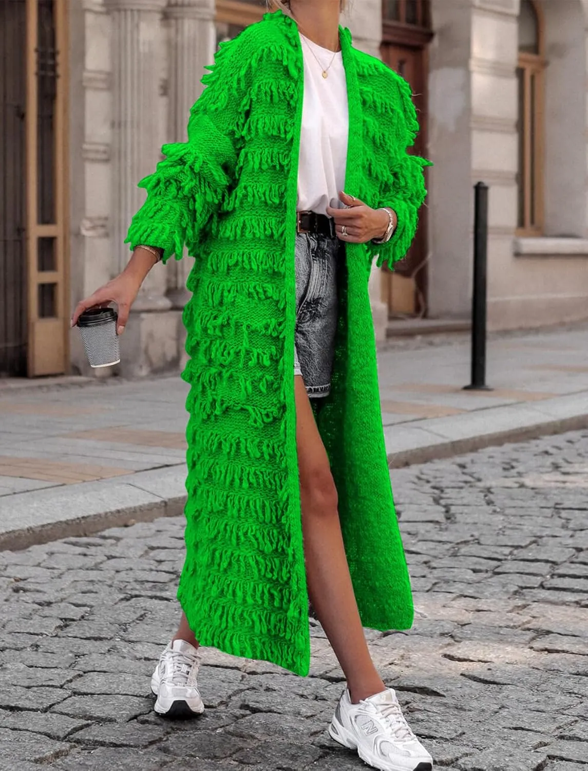 CXINS Womens Crochet Cable Knit Fringe Tassel Maxi Cardigans Open Front Long Sweater Cardigan Outwear