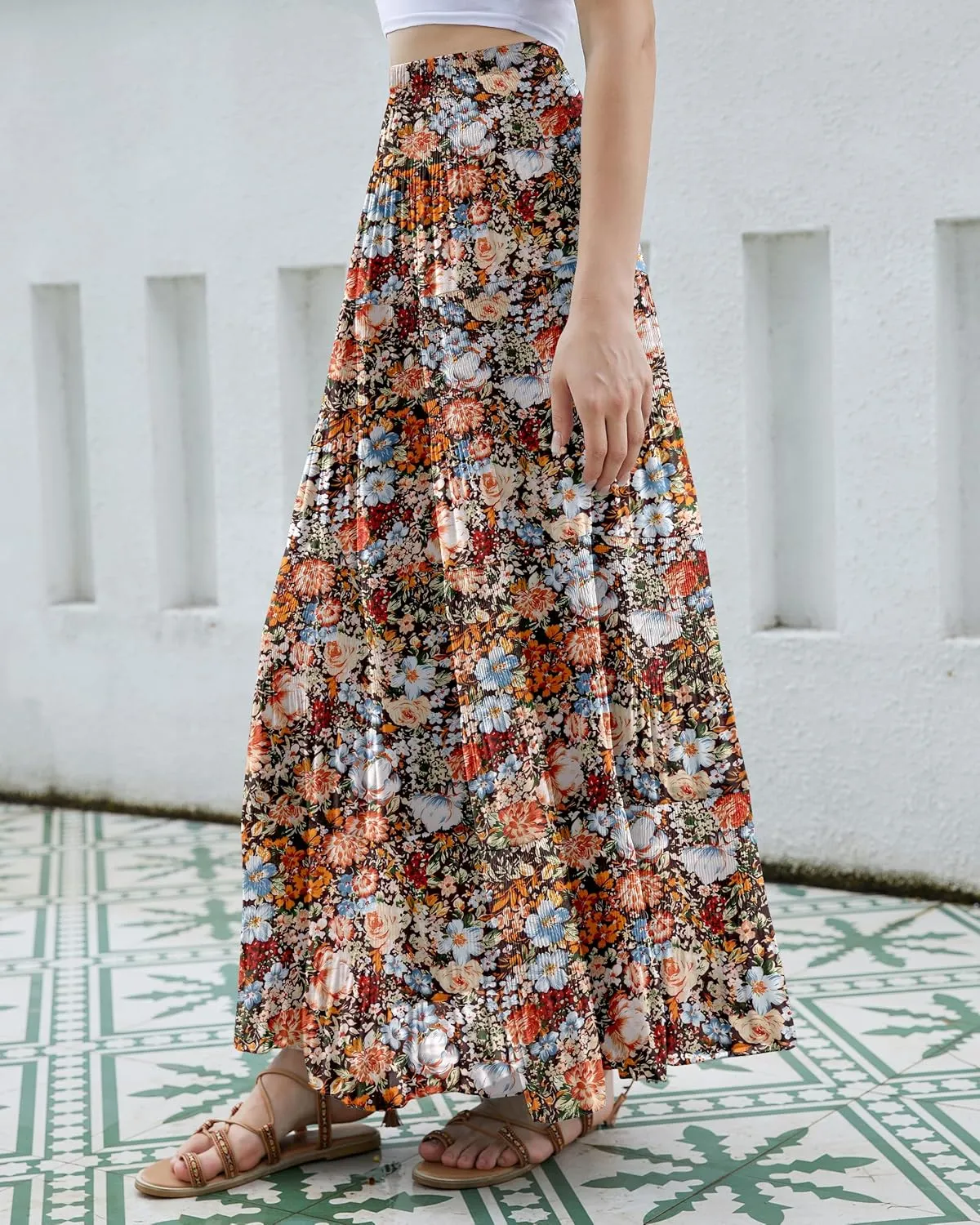 CYiNu Women's Chiffon Elastic High Waist Tiered Pleated Floral Printed A-Line Boho Long Maxi Skirts
