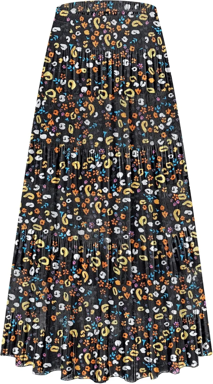 CYiNu Women's Chiffon Elastic High Waist Tiered Pleated Floral Printed A-Line Boho Long Maxi Skirts