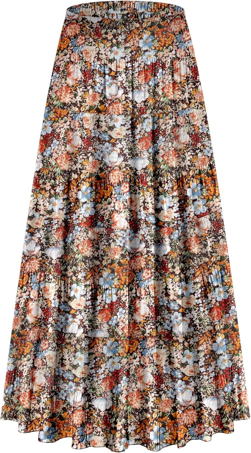 CYiNu Women's Chiffon Elastic High Waist Tiered Pleated Floral Printed A-Line Boho Long Maxi Skirts