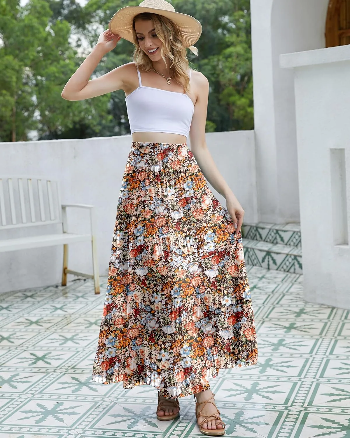 CYiNu Women's Chiffon Elastic High Waist Tiered Pleated Floral Printed A-Line Boho Long Maxi Skirts