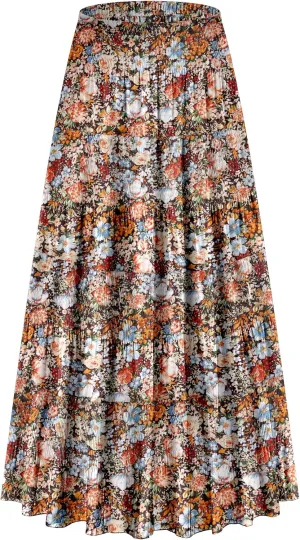 CYiNu Women's Chiffon Elastic High Waist Tiered Pleated Floral Printed A-Line Boho Long Maxi Skirts