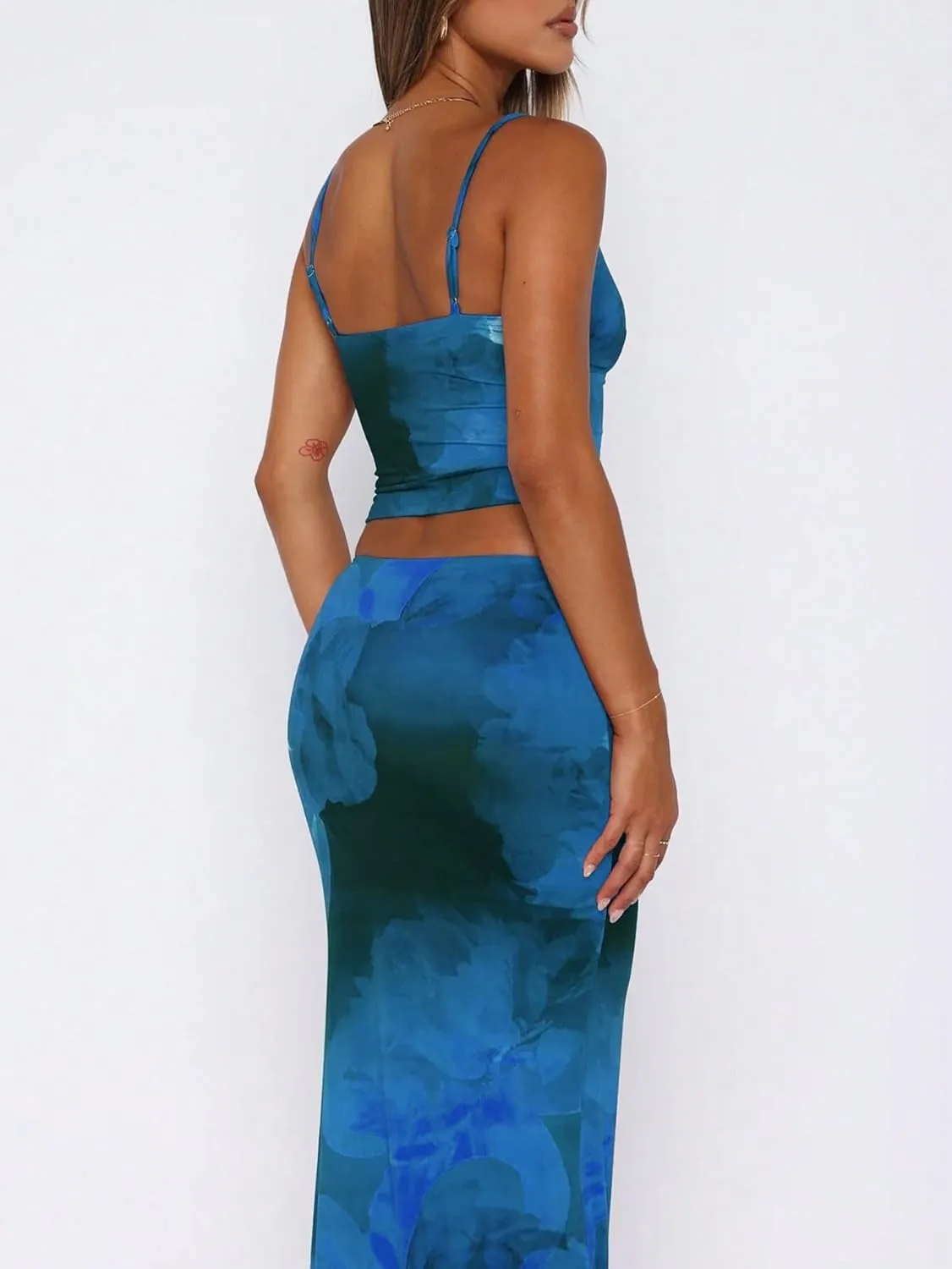 EARKOHA Women's Two Piece Skirt Set Summer 2025 Casual Women's Summer Tie Dye Print Camisole And Bodycon Mini Skirt