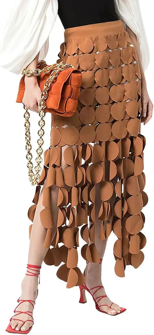 ebossy Women Flowy Polka Dot Fringe Long Skirt High Waist A Line Tassel Trim Cocktail Party Midi Skirt