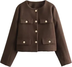 ebossy Women's Button Down Petite Blazer Jacket Long Sleeve Slim Coat Crop Top with Flap Pocket