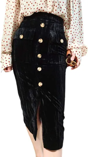 ebossy Women's Button Front High Waisted Bodycon Shimmer Velvet Midi Pencil Skirt