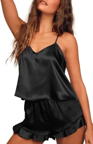 Ekouaer Satin Pajama Set for Women Silk Pjs for Women Set Camisole Top and Shorts with Ruffle Sleepwear