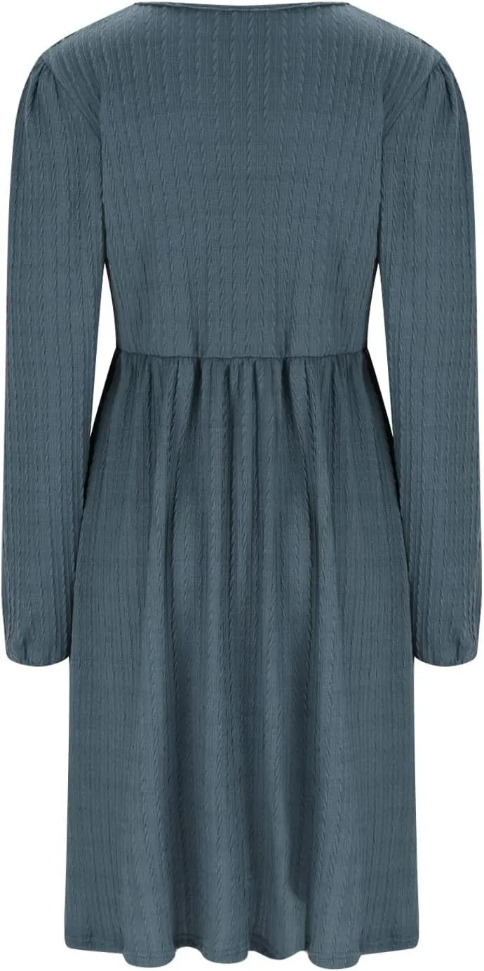 Elegant Dresses for Women Long Sleeve Crewneck Causal Empire Waist Ruffle Dress with Pockets Fashion Work Midi Dress