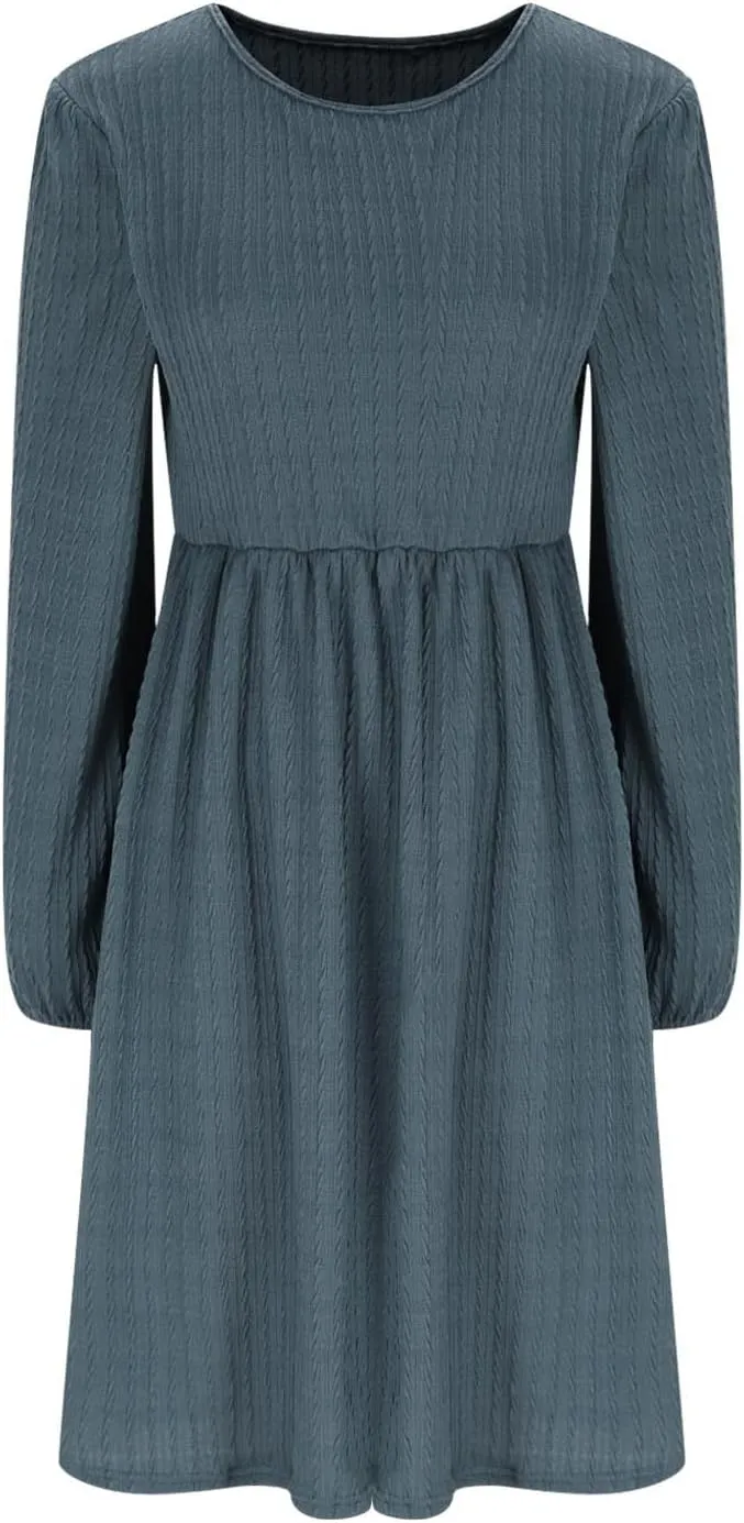 Elegant Dresses for Women Long Sleeve Crewneck Causal Empire Waist Ruffle Dress with Pockets Fashion Work Midi Dress