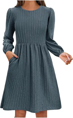 Elegant Dresses for Women Long Sleeve Crewneck Causal Empire Waist Ruffle Dress with Pockets Fashion Work Midi Dress