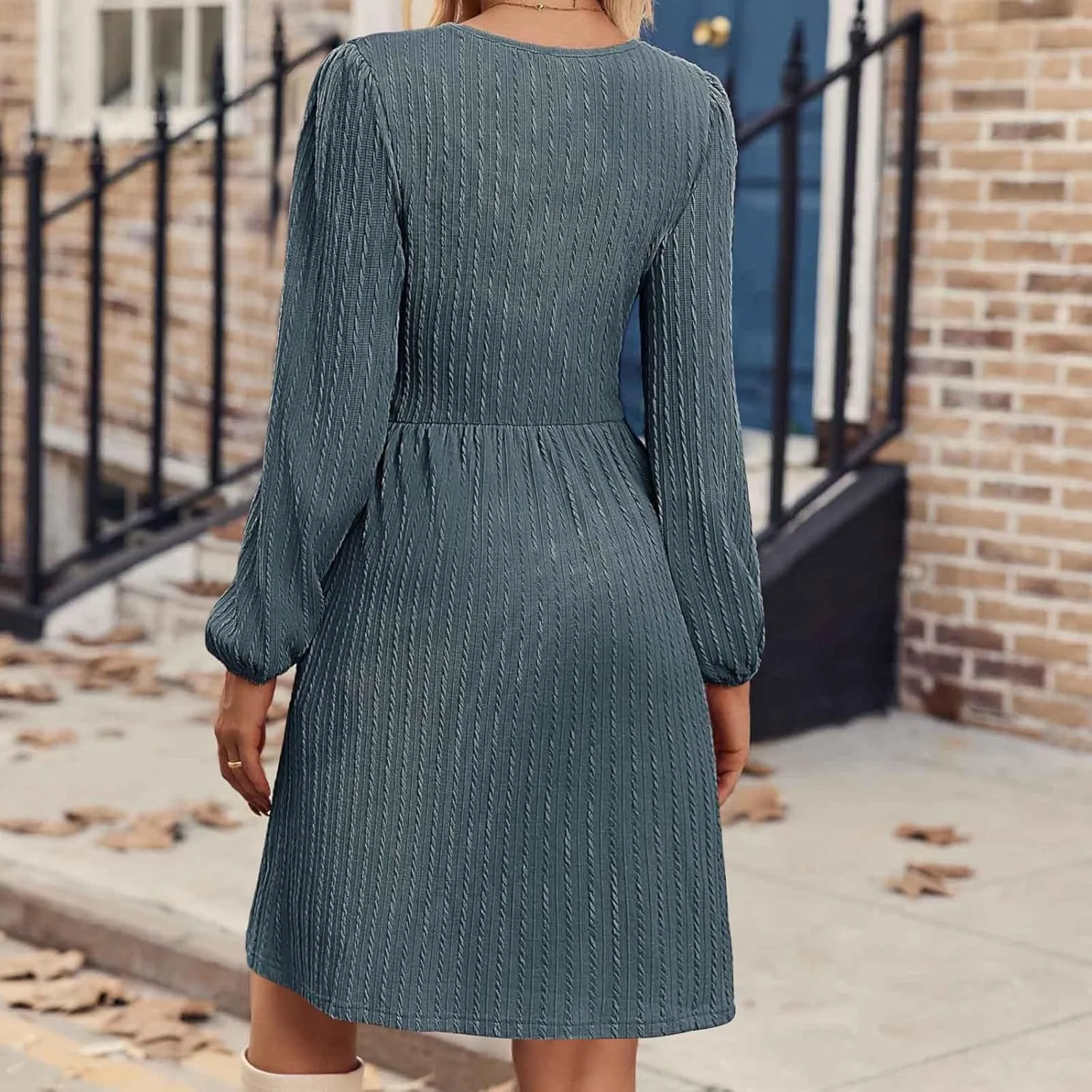 Elegant Dresses for Women Long Sleeve Crewneck Causal Empire Waist Ruffle Dress with Pockets Fashion Work Midi Dress