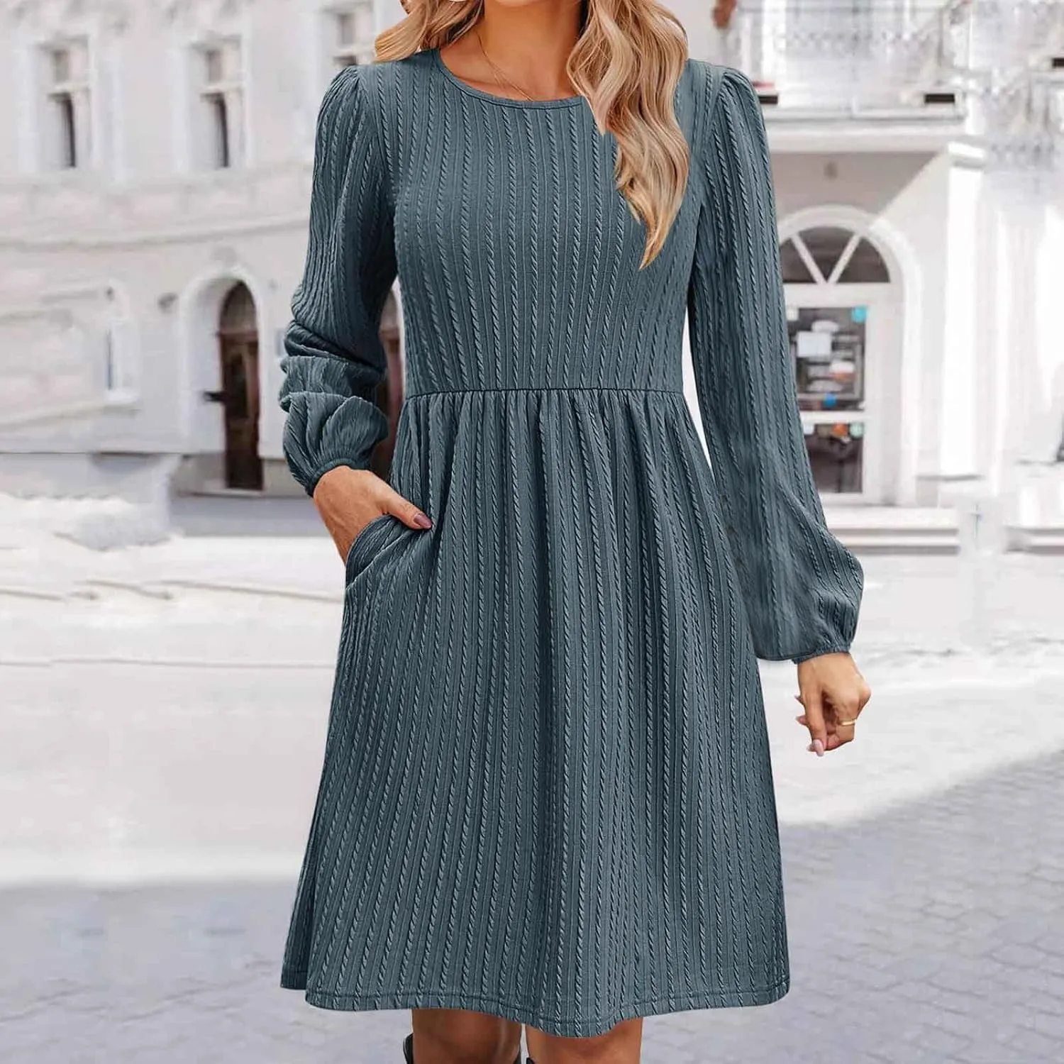 Elegant Dresses for Women Long Sleeve Crewneck Causal Empire Waist Ruffle Dress with Pockets Fashion Work Midi Dress